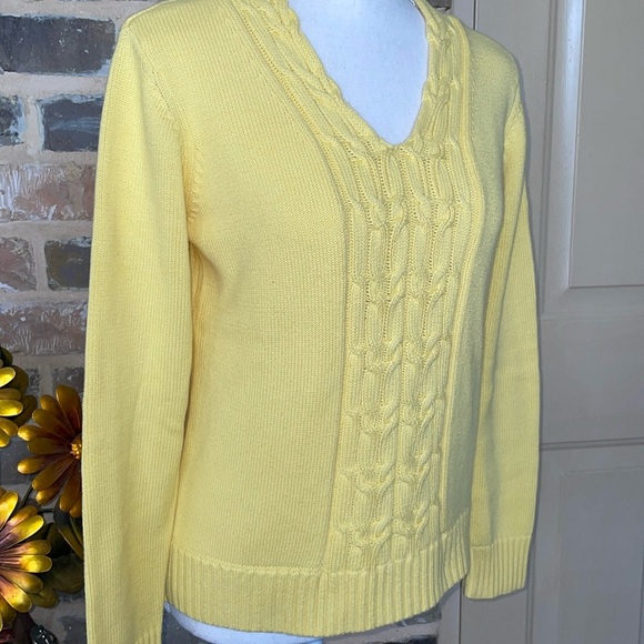 Orvis Butter Yellow Cable Knit Cotton Sweater Vintage Preppy Layering V-Neck SM - Picture 5 of 12